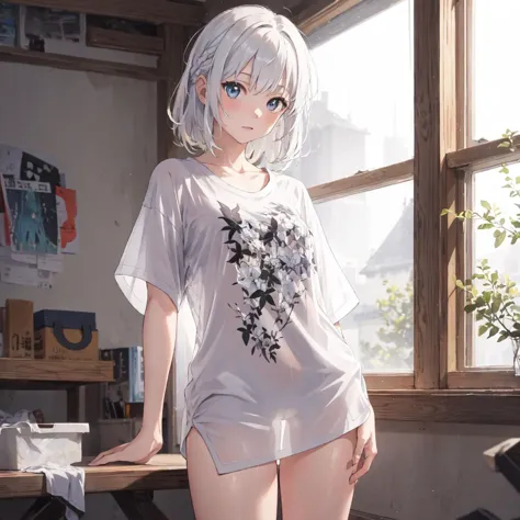 (masterpiece:1.2, best quality), (highly detailed:1.3), oversized shirt, 1girl, solo, see-through silhouette, medium hair, white...