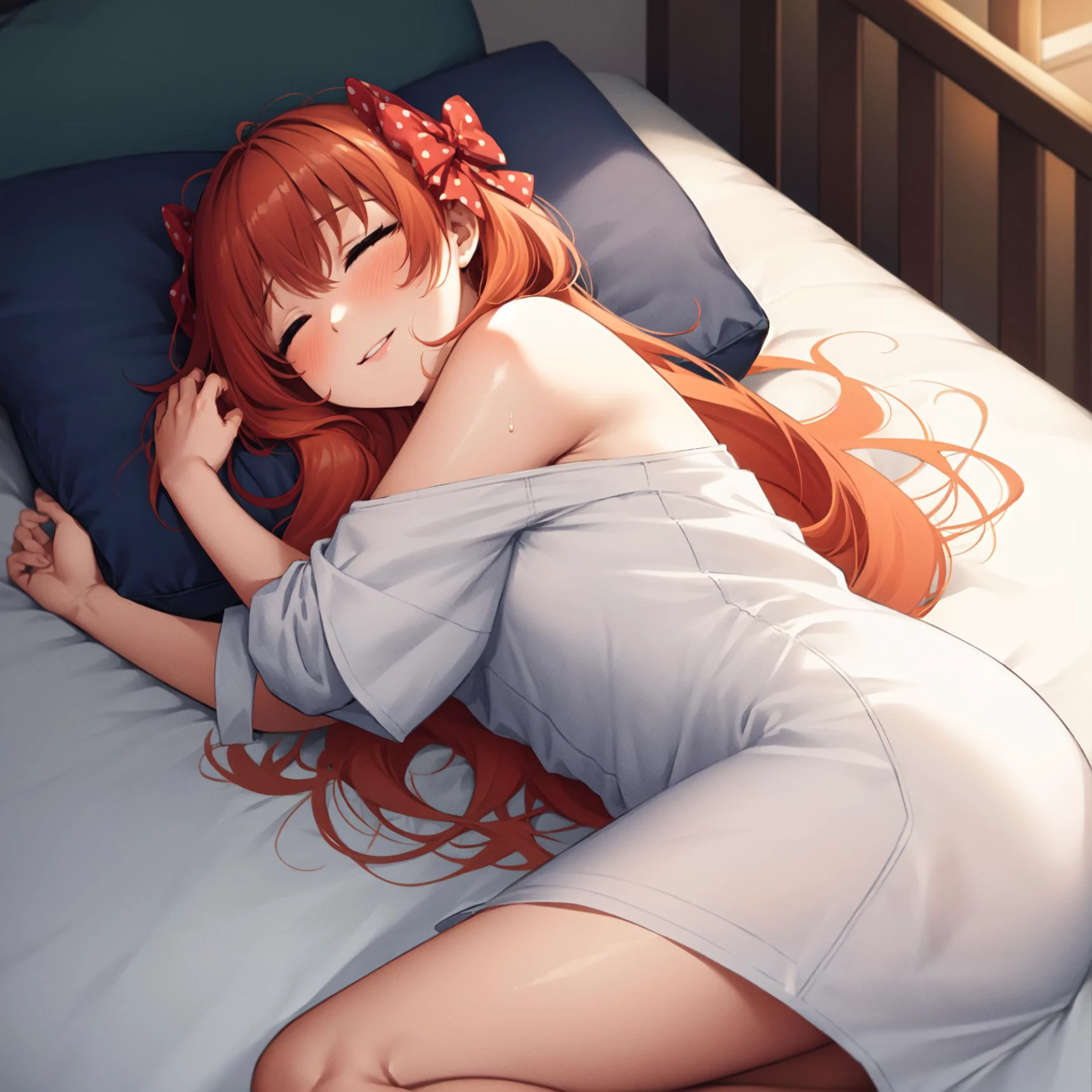 ((anime,anime_still,))masterpiece, best quality,solo,1girl, 1chiyo lying on bed, on side, purple eyes,((spotted red hair bow)), small breasts, orange hair,long hair,facing viewer, from above, bed, pov, closed eyes, parted lips,thighs, cowboy shot,piilow, blushing, sleeping,smiling,
oversized shirt, shirt, off shoulder