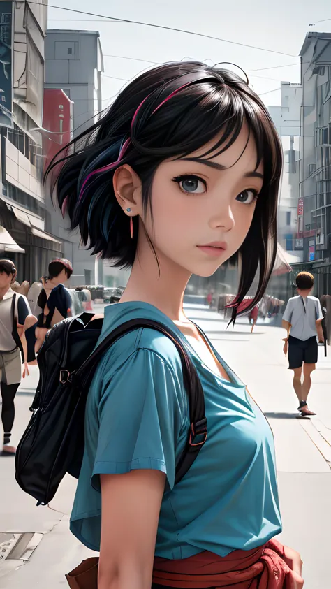 anime girl with black hair and blue shirt standing on a city street