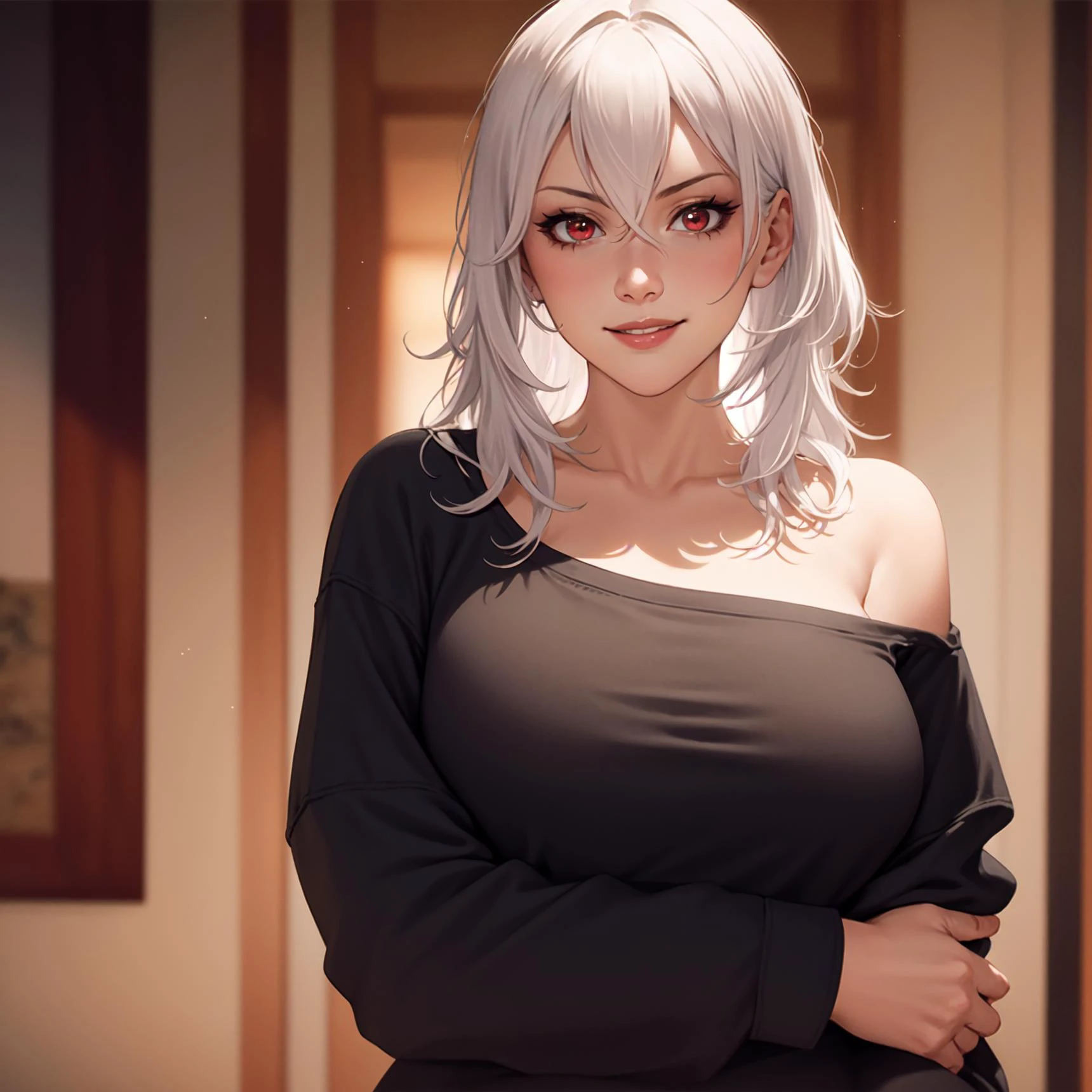 realistic, volumetric lighting, masterpiece, best quality,solo, SallyWhitemane standing in doorframe, large breasts, portrait, sexy, white hair, long hair, (large breasts), white shirt, red eyes,makeup, home, room, living room,leaning againts wall,smiling, happy, looking at viewer, close up, hugging
oversized shirt, shirt, off shoulder