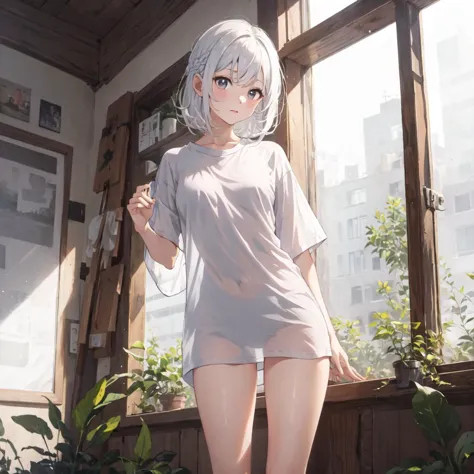 anime girl in short dress standing in front of window with plants