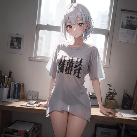 anime girl in a t - shirt posing in front of a window