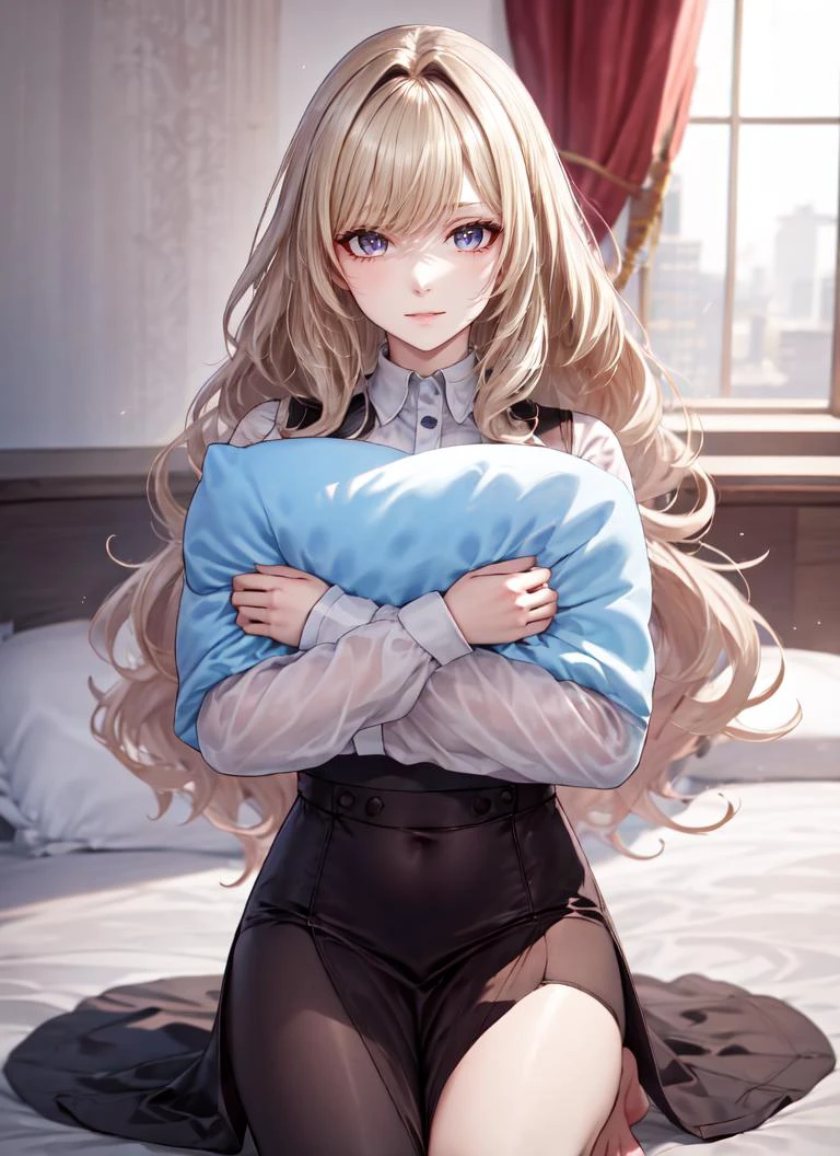 ((best quality)), ((highly detailed)), masterpiece, absurdres, extremely detailed face, beautiful face, (detailed eyes, deep eyes), (1girl), dynamic pose, upper body, princess, ((very long hair)), big hair, curly hair, light brown hair, large dress, (maxi dress), crown, inside, in a bedroom, on bed, pillow, seiza, stuffed toys, stuffed animals, oversized shirt, shirt, barefoot, pillow hug, holding pillow, pillow hug, large pillow, heart pillow, yes-pillow