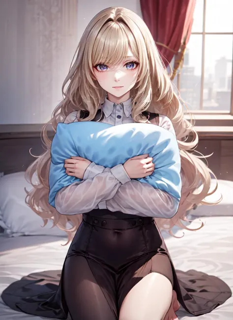 anime girl with long blonde hair sitting on bed holding pillow