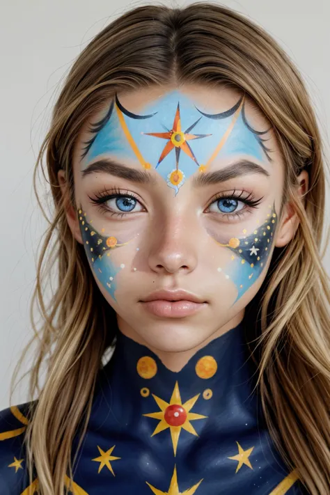 a woman with a blue body paint and stars on her face