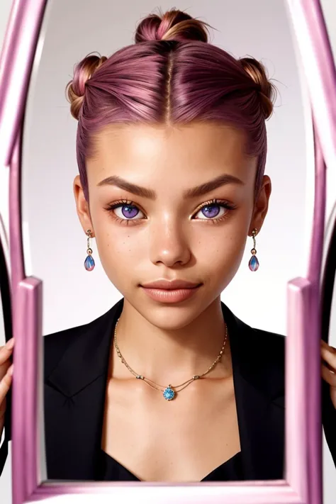 (abstract, symmetry, symmetrical, mirrors:1.15), <lora:sd15_locon_MadiTeeuws_32_v1-000012:.9> MadiTeeuws, focus on eyes, close up on face, grinning, wearing jewelry, pink lavender color hair styled as knotted chignon, vignette