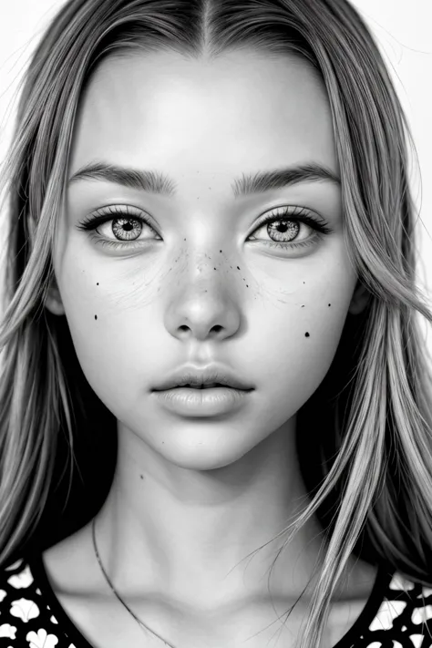 a black and white photo of a girl with freckles on her face