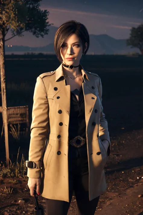 a woman in a trench coat standing in a field