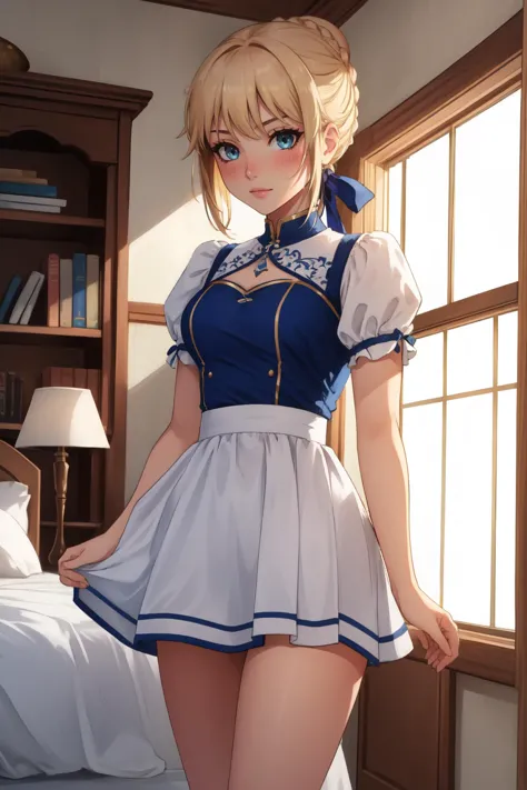 (masterpiece, best quality),  intricate details,
1girl,  <lora:saber-08:0.8> braid, hair ribbon, short hair,hair bun,aber,
 <lora:microdress_v0.2:0.8> microdress, blushing,