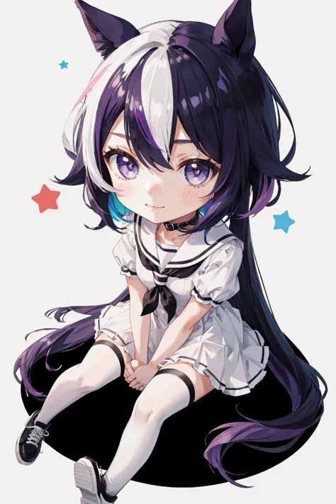 1girl,<lora:microdress_v0.2:1>,microdress, animal ears, bangs, black hair, blue eyes, blush stickers, chibi, closed mouth, commentary request, dress, full body, grey background, hair between eyes, highres, horse ears, long hair, looking at viewer, multicolored hair, puffy short sleeves, puffy sleeves, purple hair, sailor collar, sailor dress, shoes, short sleeves, simple background, sitting, smile, solo, streaked hair, tail, tokai teio umamusume, two-tone hair, umamusume, white footwear, white hair, white sailor collar, white thighhighs, zettai ryouiki