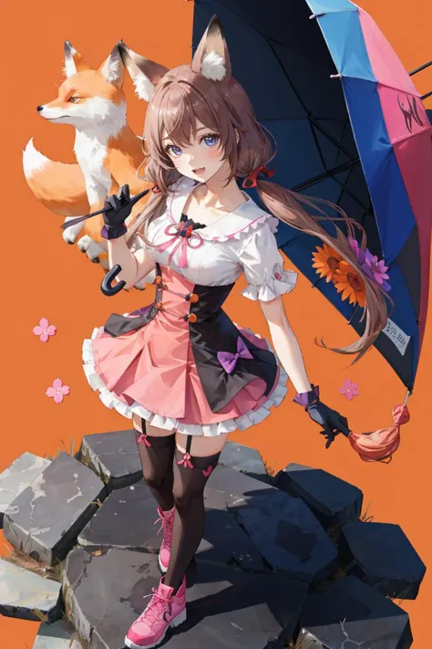 1girl,<lora:microdress_v0.2:1>,microdress, animal ears, bangs, blue eyes, blush stickers, breasts, brown hair, closed mouth, collarbone, commentary, dress, english commentary, fang, flower, fox ears, genshin impact, gloves, hair between eyes, highres, holding, holding umbrella, kemonomimi mode, long hair, looking at viewer, low twintails, medium breasts, multicolored clothes, multicolored dress, open mouth, orange background, pink dress, purple footwear, purple ribbon, red flower, ribbon, shoes, short sleeves, smile, solo, standing, streaked hair, tassel, thighhighs