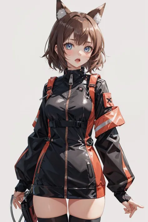 1girl,<lora:microdress_v0.2:1>,microdress, animal ears, arknights, black dress, blue eyes, blush stickers, brown hair, commentary request, cowboy shot, dress, grey background, highres, holding own arm, long sleeves, looking at viewer, official alternate costume, open mouth, short hair, simple background, solo, standing, thighhighs, white thighhighs, zettai ryouiki, zipper pull tabard, zipper pull tabard, zoom layer, zipper pull tabard, zipper skirt, zipperippers, zipper up, zipper suit, zipperipper over clothes, zipperier dress, zipperily tied shirt, zipper removed, zipper tail, zipper wings