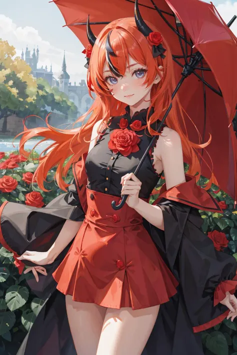 1girl,<lora:microdress_v0.2:1>,microdress, absurdres, bangs, bare shoulders, black dress, blue eyes, blush, breasts, closed mouth, commentary, detached sleeves, dress, english commentary, flower, hair between eyes, highres, holding, holding umbrella, hololive, horns, long hair, looking at viewer, multicolored clothes, multicolored dress, off shoulder, oni, orange hair, outdoors, red dress, red flower, red rose, ribbon-trimmed dress, ribbon trim, rose, short dress, sleeveless coat, small breasts, smile, solo, standing, streaked hair, symbol in eye, takanashi