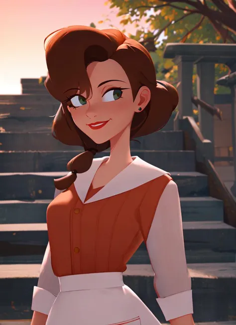 ((best quality)), ((highly detailed)), masterpiece, absurdres, (detailed eyes, deep eyes), (1girl), dynamic pose, upper body, <lora:anniehughes:.7>, anniehughes, green eyes, brown hair, red lips, smiling, collared shirt, pink shirt, apron, (outdoors, on a stairway, sunset), <lora:BrushlineV2:.9>