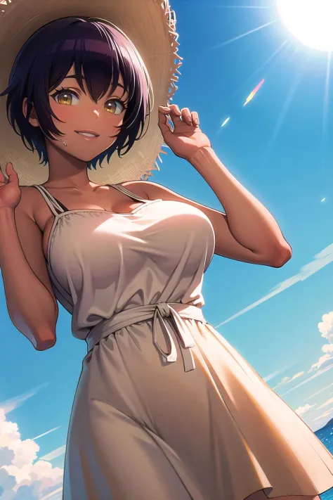 (masterpiece:1.3),(highly detailed:1.3),(highres:1.1),best quality,Ultra-detail,1girl,solo,jeloayaitou,tan,sundress,sun hat,look...