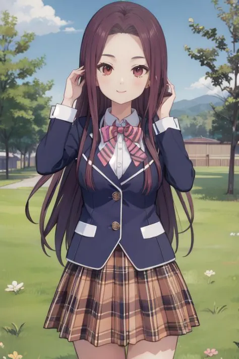 a girl in a school uniform standing in a field