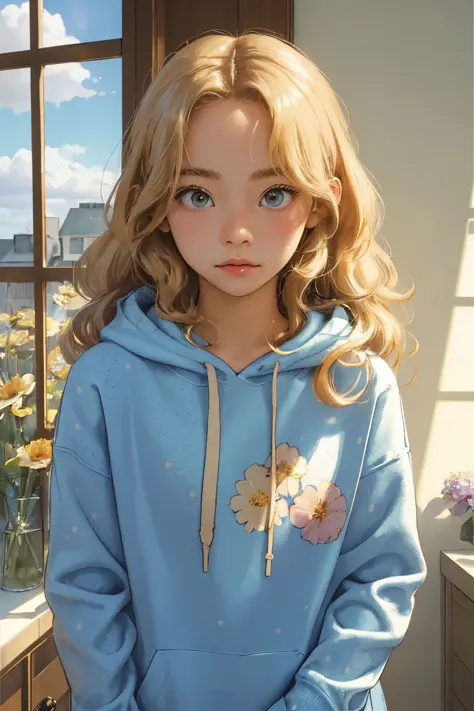 (masterpiece, best quality),1girl, blonde, solo,  indoors, letterboxed, day, sky, looking at viewer, cloud, brown eyes,
curly ha...
