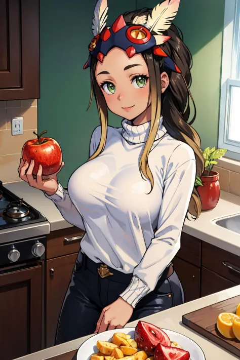 masterpiece, best quality,  kayna, headdress, feathers, white sweater, turtleneck, black pants, cowboy shot, kitchen, bowl of fruit, looking at viewer, smile, large breasts