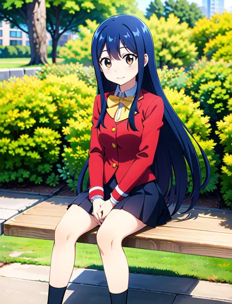 anime girl sitting on a bench in a park with a bush behind her