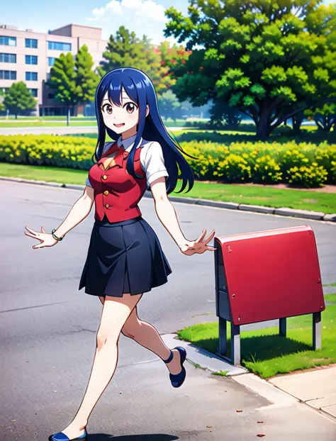 anime girl in a school uniform walking down a street