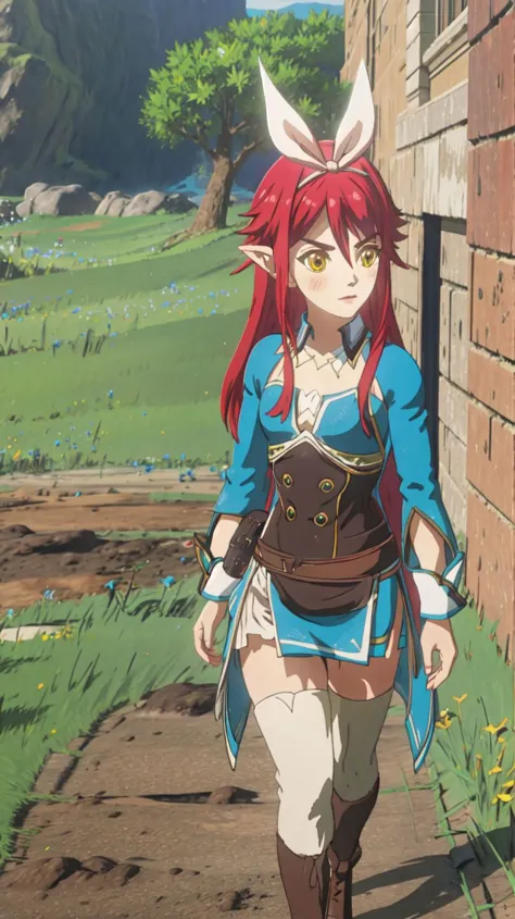 anime girl with red hair and blue outfit walking down a path