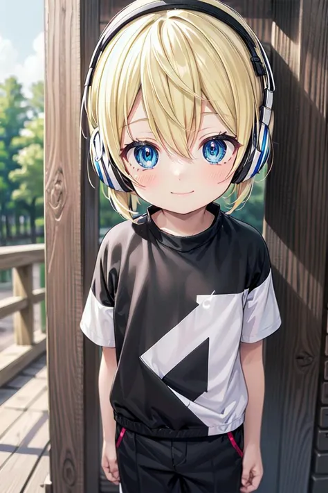 anime boy with headphones standing on a wooden deck