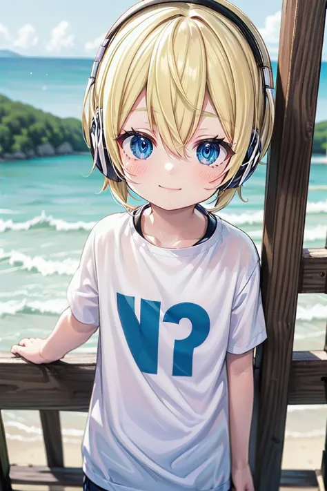 anime girl with headphones on standing on a wooden deck