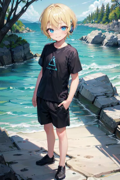 anime boy standing on a beach with a lake in the background