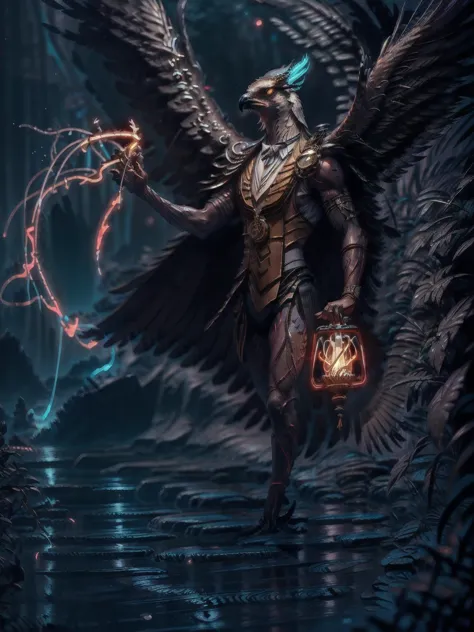 a man with a lantern and wings standing in the water