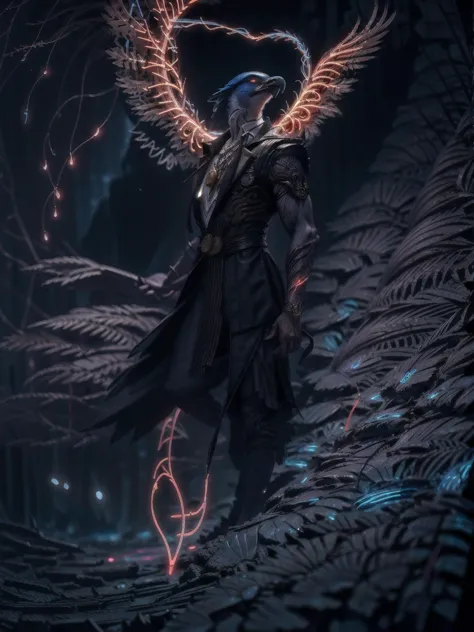 a man with wings standing in a dark forest