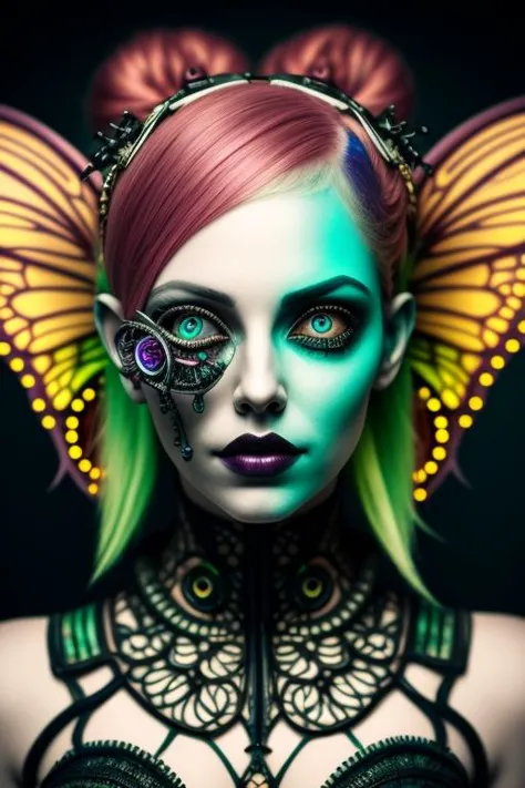 photography of a creepy and cute fairy, perfect face, intricate details, realism, colorful cyberpunk
