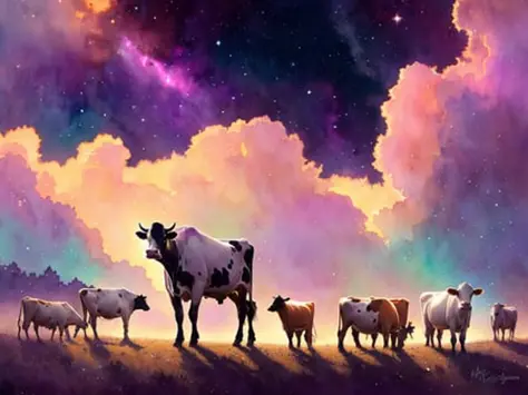 cows and they are surrounded by nebula, highly detailed, gold filigree, romantic storybook fantasy, soft cinematic lighting, awa...