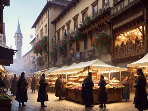 concept art, a beautiful highly detailed display of a fantasy small medieval open exterior market of a small town, poor, small, ...
