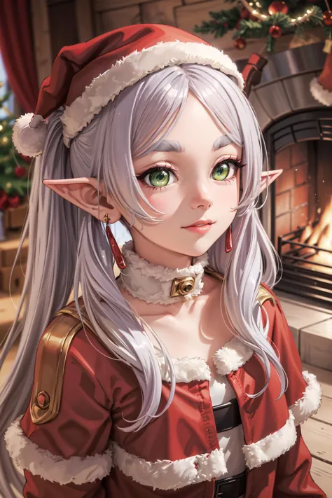 masterpiece, ultra detailed background, best quality, highres, studio lighting,
long hair, white hair, (parted bangs:1.2), twintails, green eyes, pointy ears, earrings, stubby eyebrows, (red dress, red hat), santa dress, (red caplet:1.2),
stylish pose, cowboy shot, expressionless, (closed lips, closed mouth:1.2), smile, small mouth,
indoors, wood house, fireplace, Christmas tree,
(face to camera, looking at camera:1.2),
<lora:frieren:0.7>, frieren,
<lora:detail_slider_v4:1>,
<lora:more_details:0.2>,
<lora:GoodHands-vanilla:1>,
<lora:Santa Dress_v1:0.8>,