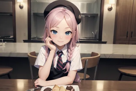 anime girl sitting at a table with a plate of donuts