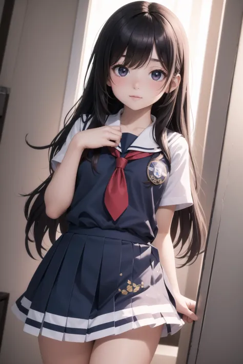 1girl,solo,extremely detailed,high quality,highres,16K,RAW,ultra highres,ultra details,finely detail,an extremely delicate and beautiful,extremely detailed,lovely sweet cute moe face,glowing skin,blush cheeks,cinematic lighting,sharp focus bokeh,highlight cinematicpostprocessing,intricate human hands fingers,thighs,pale skin,(masterpiece, top quality, best quality, official art, beautiful and aesthetic:1.2),hair between eyes,serafuku,school girl uniform,cowboy shot, dynamic angle,chibi,short body,