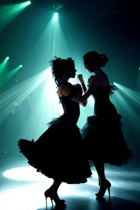 photo of 2girls in a goth club, beautiful faces,  goth ballroom dress , light at the dancing, InToThe2KGothClub, ultra-high heels, epic