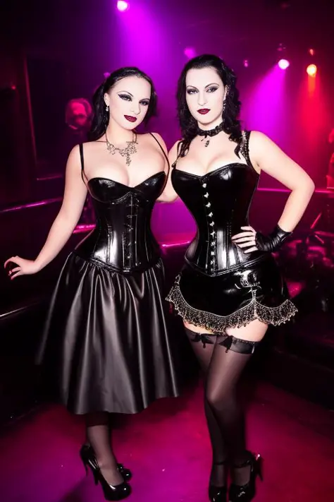 photo of 2girls in a goth club, beautiful faces,  long medieval ballroom dress  latex,  sexy corset, the light , InToThe2KGothClub, ultra-high heels, epic