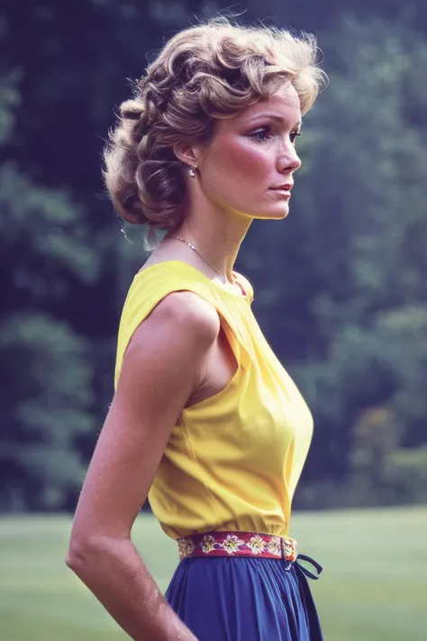 a woman in a yellow top and blue skirt standing in a field