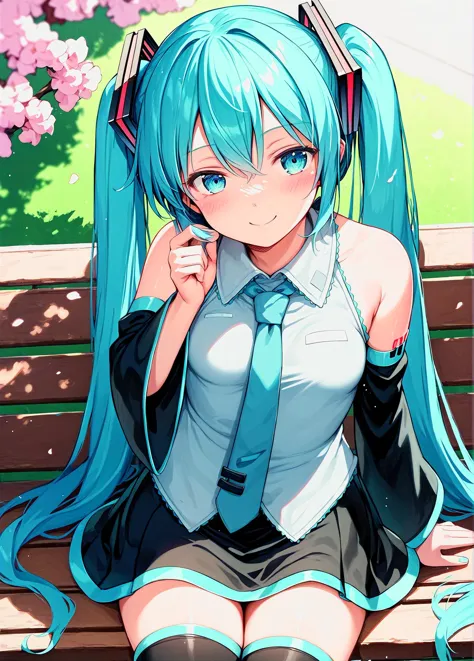 score_9, score_8_up, score_7_up, score_6_up, a girl sitting on a park bench, (hatsune miku:0.8), detached sleeves, thighhighs, b...