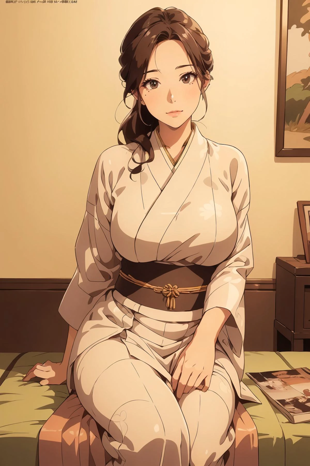 8k high quality detailed,highres,anime,comic,detailed image,
(an illustration of a teenage girl posing,an illustration of girl,teenage girl,magazine_sheet),(magazine_illustration),
(, OVA_Liulijiang,mature female,brown hair,brown eyes,large breasts,mole on breast,sagging breasts),Sweet Smile,detailed_face,
reading a book,
((wearing kimono_clothes,silk_texture,loose_fitting):0.85),(,realistic clothing texture,realistic_skin_texture),