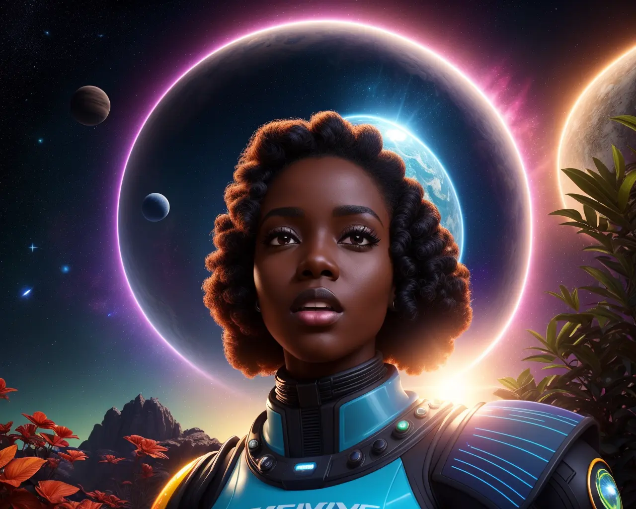 a pop-sci woman with dark skin in a retro space suit, amazing alien planet, colorful, vibrant, alien plantlife, starry background. neon, (vibrant:1.2), colorful. majestic, hd cgi wallpaper, detailed shadows. wonder, curiosity, amazed, interested, (landscape), hyperrealistic, pleasant