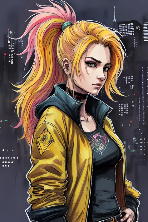 a concept sketch of a cyberpunk woman in a yellow jacket, multicolored wildly hair, mane,  (badass), looking over shoulder, 2d, ...