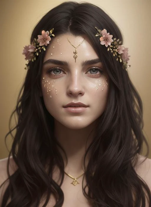 (Symmetrie:1.1) (Porträt von Blumen:1.05) eine Frau als schöne Göttin, (Assassins Creed-Stil:0.8), Farbschema aus Pink, Gold und Opal, beautiful kompliziert filegrid facepaint, kompliziert, elegant, sehr detailliert, digitale Zeichnung, artstation, Konzeptkunst, Glatt, scharfer Fokus, Illustration, Kunst von Greg Rutkowski und Alphonse Mucha, 8k, Details in bester Qualität, Realistisch, Hochauflösend, hochwertige Textur, episches Licht, Kinofilm-Standbild, 8k, sanfte Beleuchtung