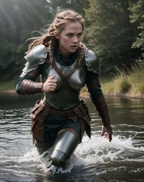 natural photo of a badass valkyrie in the lake, combat action pose, ambush, iconic, shieldmaiden, action shot, sunbeam, hdr nikon photo, dark dramatic lighting, rare shot, masterful photograph, detailed, gritty beauty, interesting, norse armor