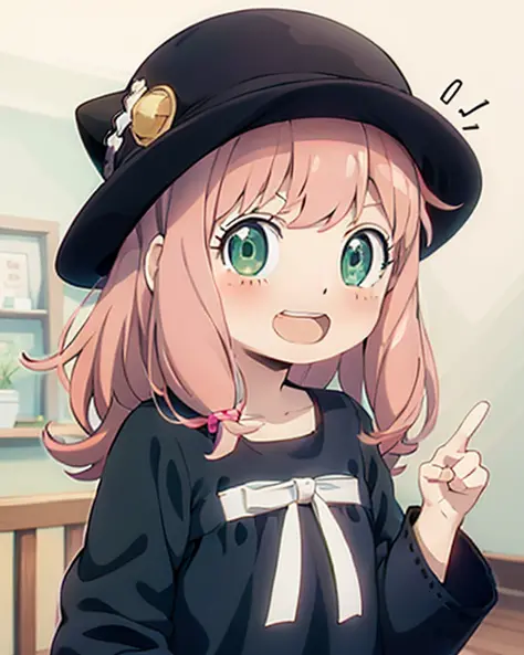 a anime girl with pink hair and green eyes pointing at something with a surprised look on her face and a black cat hat, (1girl:0.992), (:d:0.583), (bangs:0.701), (blush:0.584), (green eyes:0.992), (looking at viewer:0.711), (open mouth:0.760), (pink hair:0...