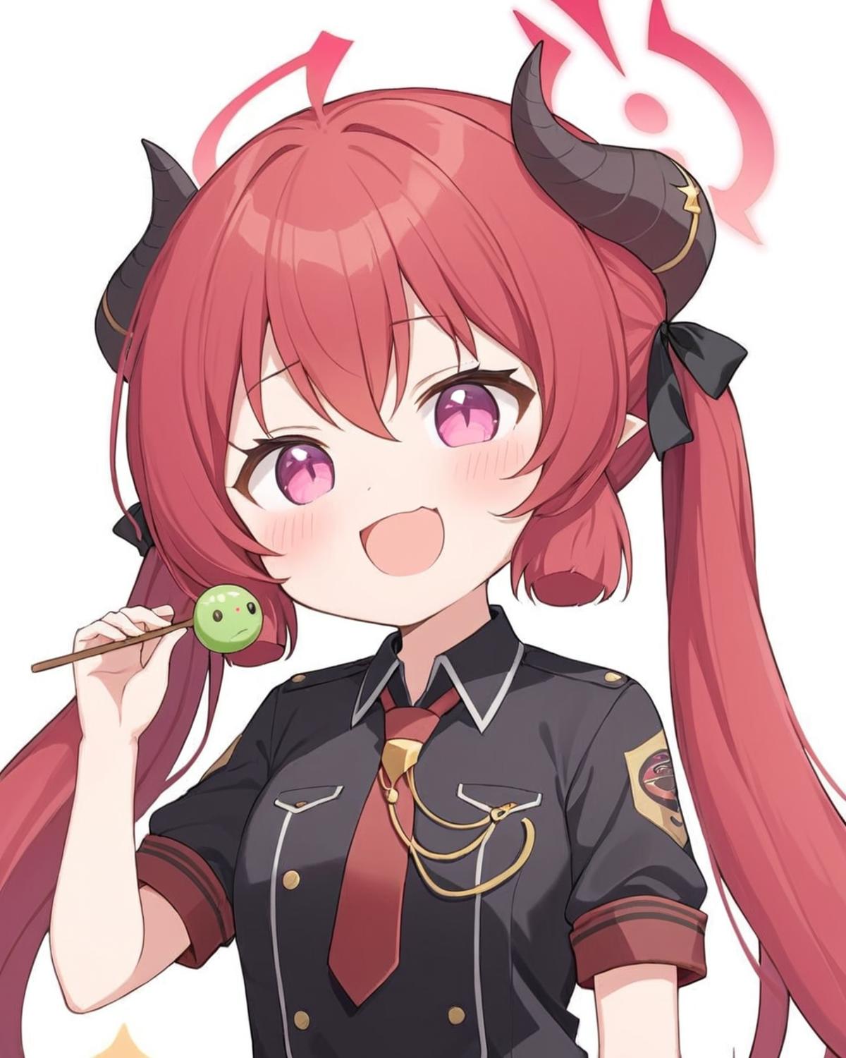 Anime girl with long red hair and a black shirt holding a green apple -  SeaArt AI