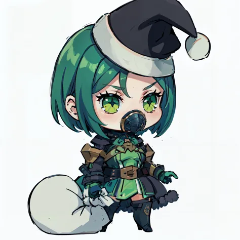 <lora:viper-nvwls-ver2-final:0.8> valorantViper, green eyes,green hair, bodysuit, gloves, belt, thigh boots, respirator, <lora:padoru_meme:0.8> padoru meme, holding sack,chibi,:d,santa hat