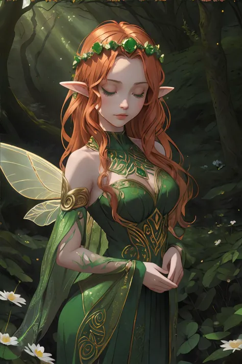beautiful celtic fairy woman, sidhe, Aos Sí, long wavy (auburn|red) hair, shimmering gold fairy wings, daisy clover flower crown...