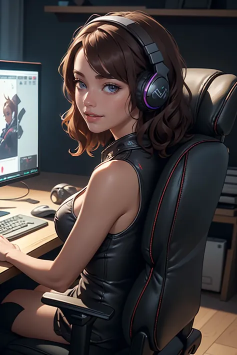 anime girl sitting at a desk with headphones on and a computer